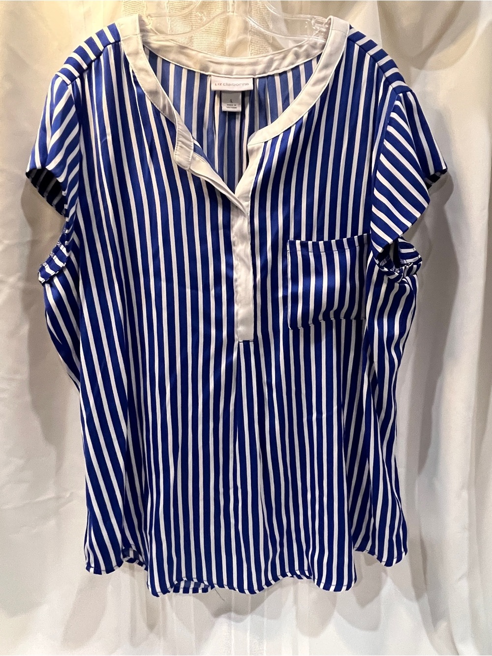 Liz Claiborne Blue & White Vertical Stripe Split-Neck Blouse